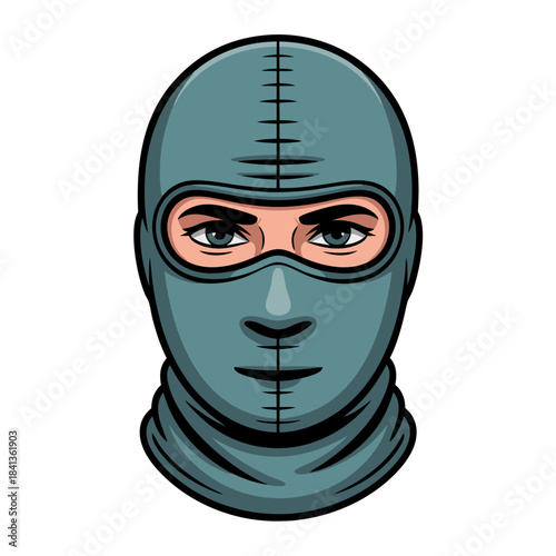 Person wearing a balaclava mask with a serious expression  