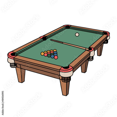 Pool table with balls arranged and cue stick on green felt surface  