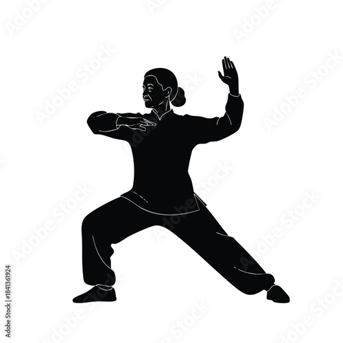 A graceful silhouette of a woman demonstrates a traditional Tai Chi pose, embodying balance, discipline, and serene movement for health and wellness.