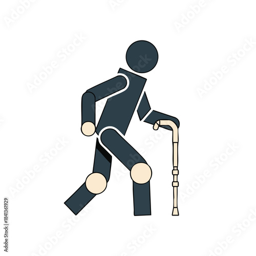 This minimalist graphic illustration portrays an elderly stick figure person relying on a walking cane for support and mobility, representing concepts of aging and assistance.