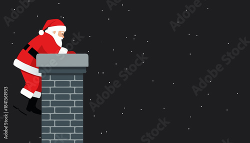 Santa climbing down chimney during Christmas Eve in winter night, Customizable Holiday Banner, Customizable Banner Art, , copy space right, room for text, vector