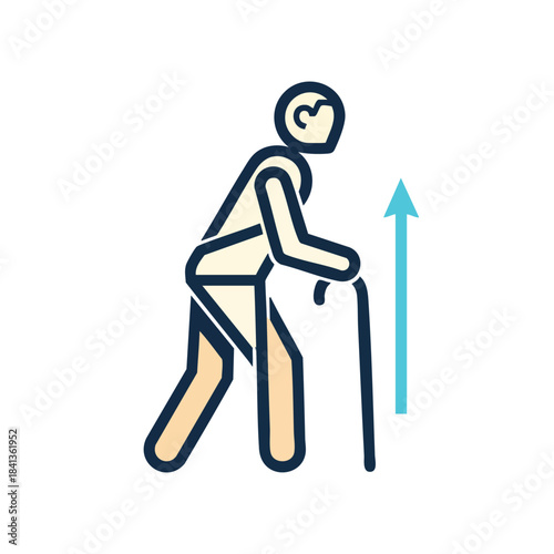 An illustrative icon depicts an elderly individual utilizing a walking stick, symbolizing progress, recovery, and enhanced mobility in later life.
