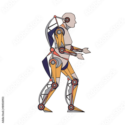 Anatomical illustration of a robotic exoskeleton suit designed to enhance human movement and strength.