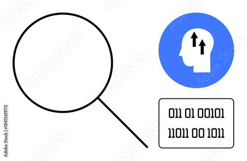 Digital analysis concept. Digital tools magnify binary code with expanding ideas. Digital analysis aids insights for AI, coding, and innovation strategies. For tech, education, and data science