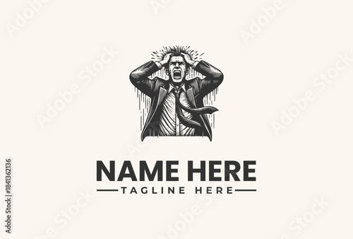 Black and white vector illustration of a man with hands on head, wearing a jacket, against a plain background with space for a logo and tagline.