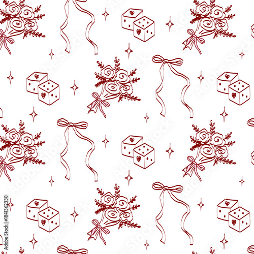Hand drawn pattern coquette aesthetics elements. Vintage cute symbols with ribbon and bow in simple crayon style. Trendy art for Valentine's day and wedding invitations. Outline seamless pattern.