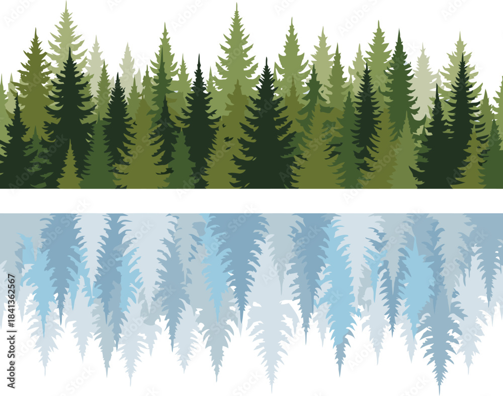 Obraz premium A seamless pattern of evergreen trees in various shades of green, with a mirrored reflection below in cool blue tones, creating a stylized forest landscape on white background.