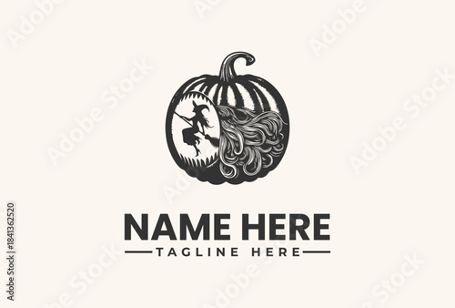 Black vector illustration of a witch flying on a broomstick inside a carved pumpkin with a placeholder name and tagline on a beige background.