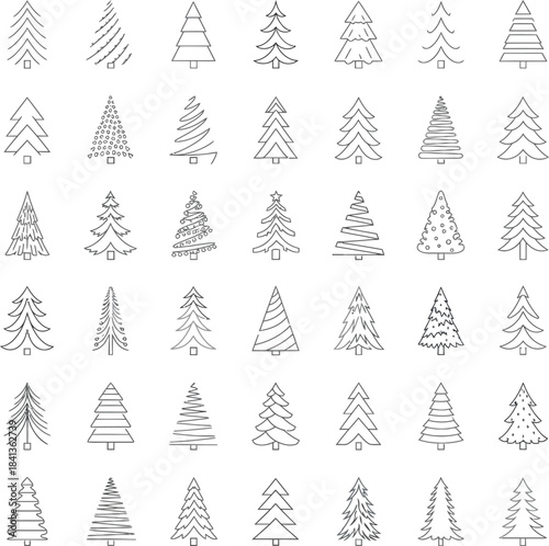 A collection of diverse, stylized Christmas tree outlines in a grid formation.