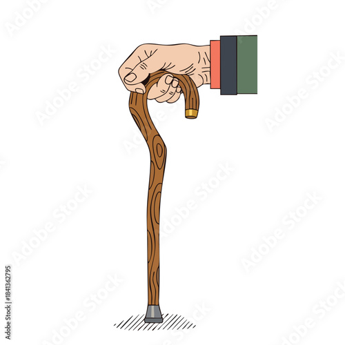 A person's hand firmly grips an antique wooden walking cane with a metal tip against a white background.