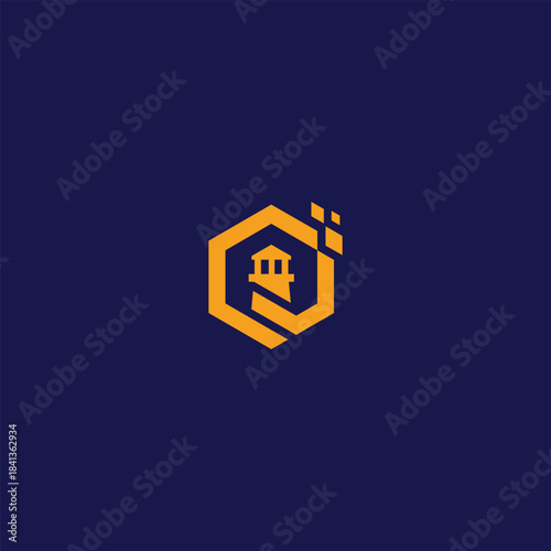 Lighthouse in a hexagon with pixel accents