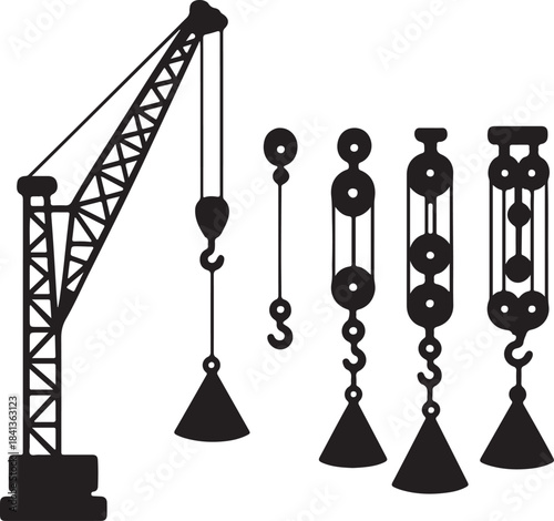 Construction crane lifting load, pulley system variations, suspended conical weight, mechanical engineering setup, industrial lifting silhouette vector illustration