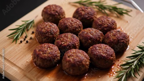 Juicy Meatballs Delight: Culinary presentation of succulent spheres atop a rustic wooden board