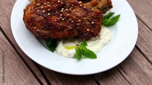 Delicious Grilled Lamb Chops with Creamy Sauce on Wooden Table Still Life