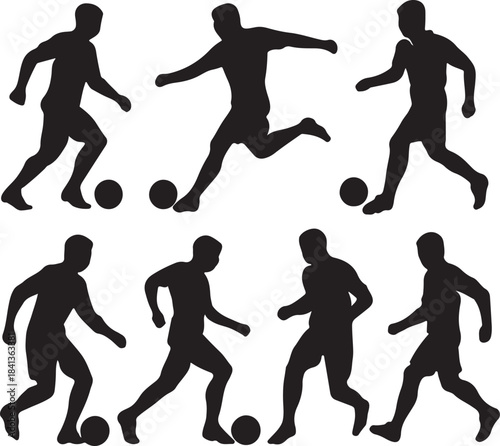 silhouette vector illustration of male football athletes kicking or dribbling ball, various poses and actions, dynamic sport graphic element collection full body