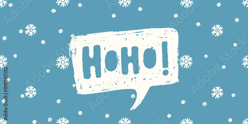 Christmas background with crayon snowflakes and speech bubble with Hoho text. Holiday banner with snow, chalk texture, vector illustration