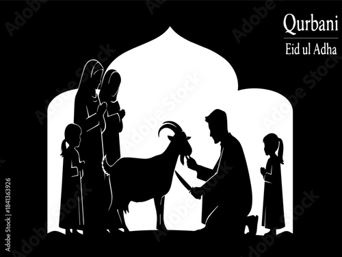 Muslim family performing Qurbani ritual sacrifice silhouette for Eid ul Adha celebration