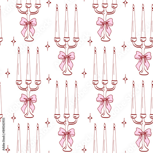 Candelabras with pink bows on a white background in a repeated pattern for decoration and design