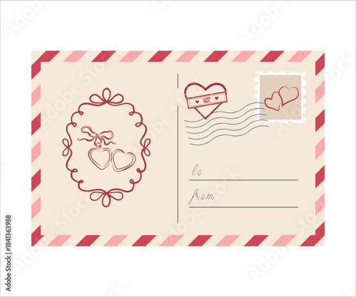 Envelope and letterhead for  love letters. Envelope for letters for Valentine's Day. Vector illustration. Romantic envelope with stamps	
