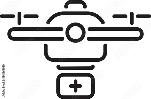 Simple line drawing icon of a medical drone carrying a first aid kit, ideal for healthcare and technology projects