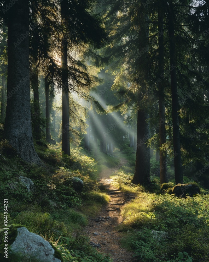 Fototapeta premium Sun rays piercing the forest canopy on a path in a dense forest.