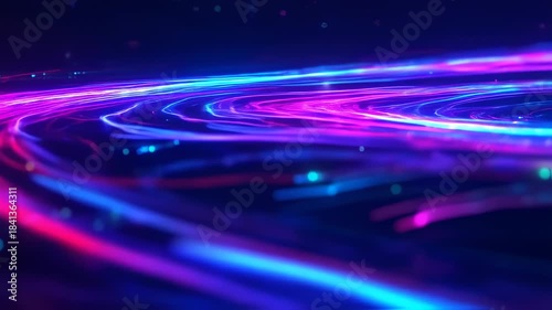 An abstract design of flowing lines in blue, purple, and pink, with light streaks