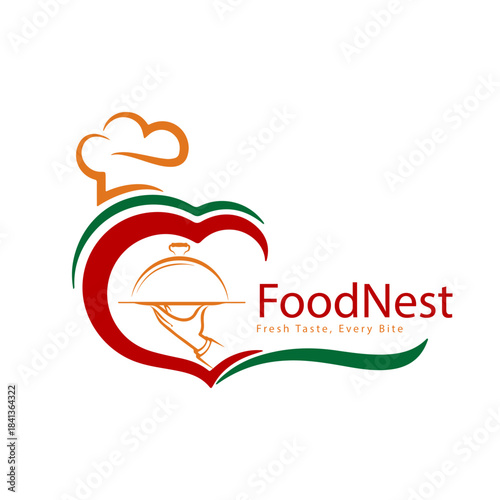 FoodNest Restaurant Logo – Food Service, Chef Hat, Heart Shape, Catering Branding Design