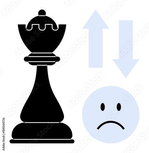 Chess strategy. Chess king piece alongside up and down arrows and sad face symbol decision-making and consequences in chess strategy. For game planning, decision-making, leadership, thought