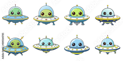 Multiple vector illustrations of slime aboard a UFO