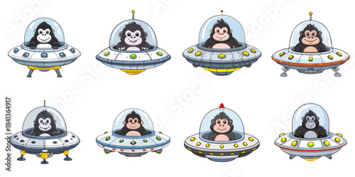 Multiple vector illustrations of gorilla aboard a UFO