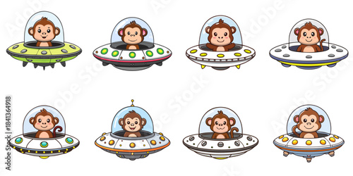 Multiple vector illustrations of monkey aboard a UFO