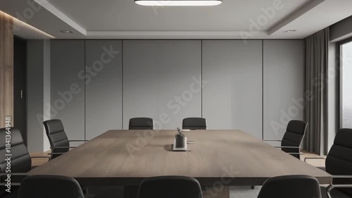 Modern Conference Room with Large Wooden Table and Black Chairs.