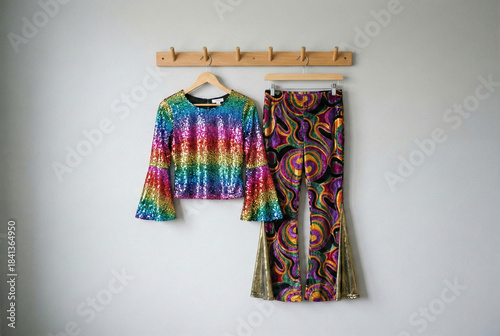 Retro disco costume hanging on a simple wall, 70s party fashion concept