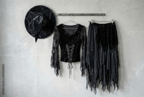Schilderij op canvas Minimalist Halloween concept with a witch dress and hat displayed on a simple wall