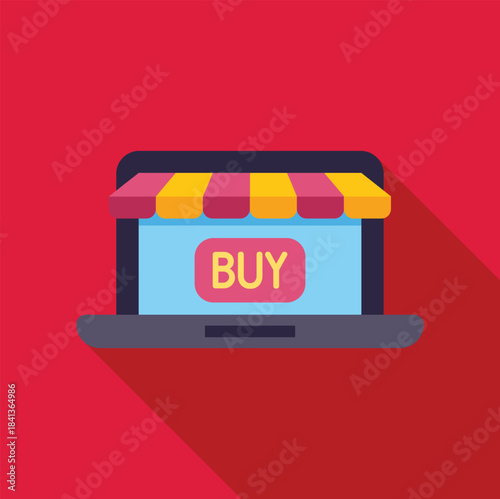 Online store concept with striped awning on laptop screen displaying buy button, promoting e commerce and digital marketplace
