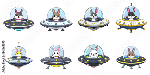 Multiple vector illustrations of bunny aboard a UFO