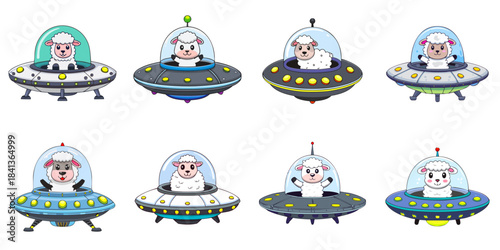 Multiple vector illustrations of sheep aboard a UFO