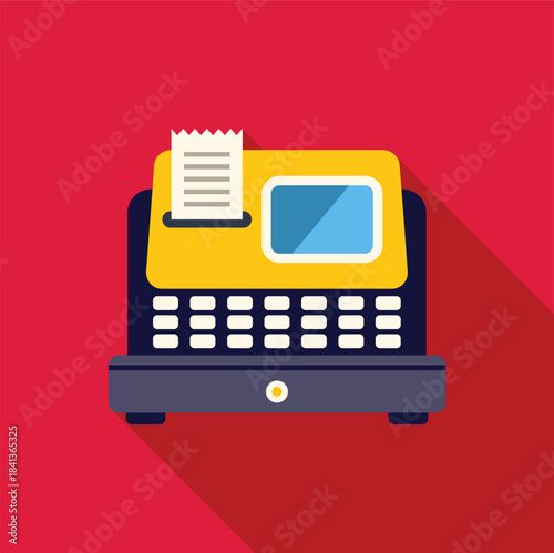 Yellow cash register printing a receipt on a red background