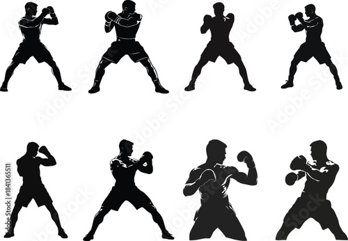  Boxer punching martial arts training set Silhouette Vector	