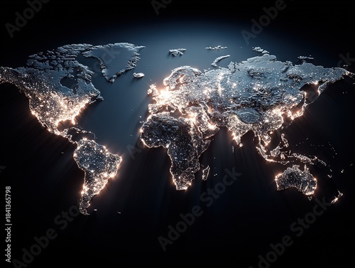 Illuminated world map formed by glowing metallic contours on a dark background, highlighting global connections through shimmering points of light and depth