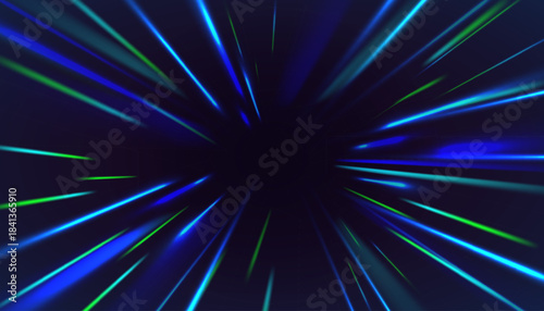 Blue radial starburst with glowing circular lines and fast zoom motion. Futuristic sci‑fi light explosion, digital interface energy rays, speed vector background, dynamic luminous gradient pattern
