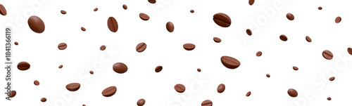 3d flying coffee beans background. Brown coffee beans for advertising and promotion of coffee products. Horizontal banner. Stock vector illustration on isolated background.