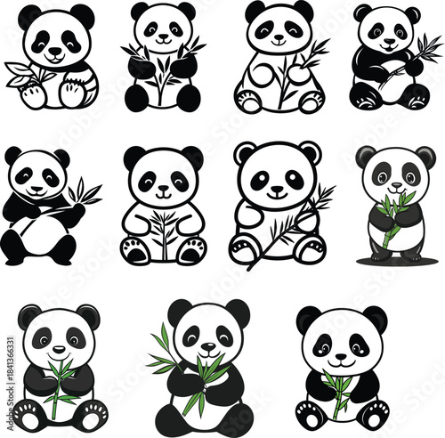 Cute Panda Bear Outline Logo Holding a Bamboo Stick set Silhouette Vector	