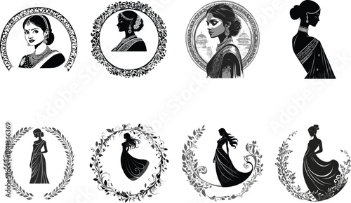 Logo elegant style with the Danish sari set Silhouette Vector	