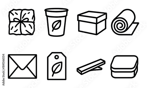 Eco-friendly icons set: recyclable packaging, containers, and sustainable materials