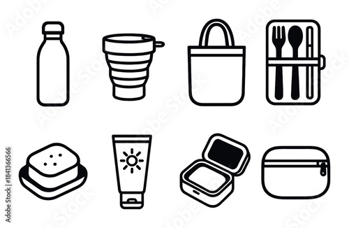 Set of eco-friendly reusable travel products icon collection