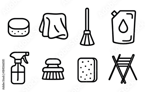 Set of household cleaning icons: sponge, cloth, mop, detergent, spray bottle, brush