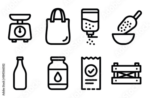 Kitchen utensil and food storage icons: scale, bag, dispenser, spoon, bottle, jar, receipt, box