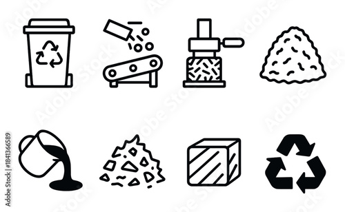 Recycling and waste processing icons on black background