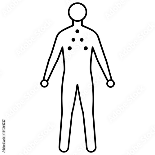 Human body outline diagram with indicated points on the upper chest and shoulder area
